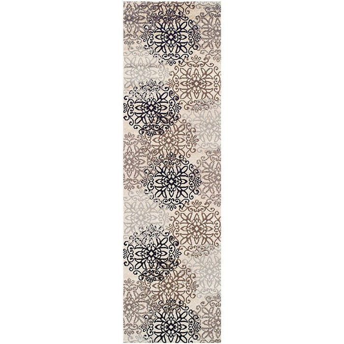 10' Beige Black and Gray Floral Medallion Power Loom Runner Rug - herplace.store