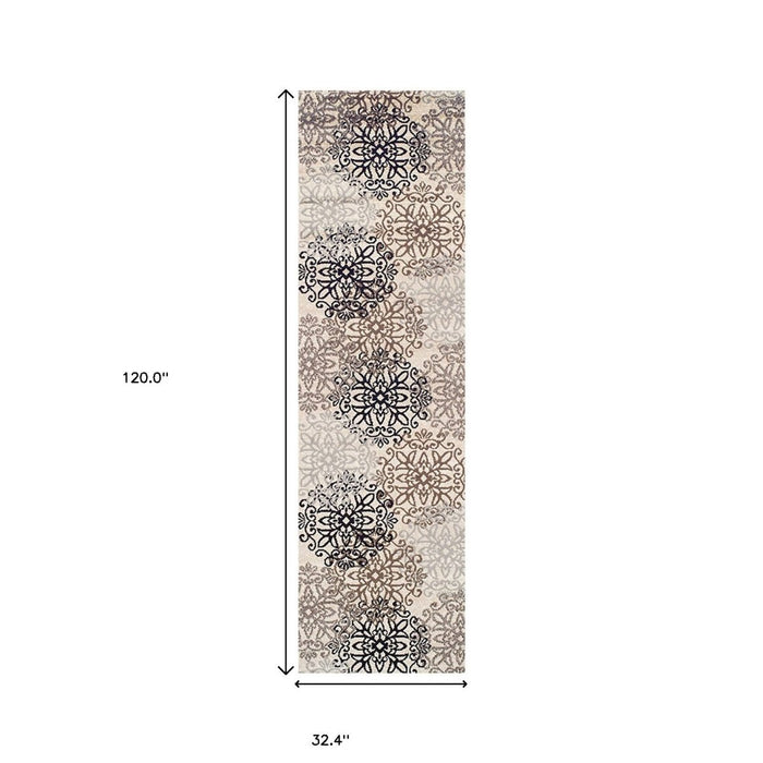 10' Beige Black and Gray Floral Medallion Power Loom Runner Rug - herplace.store