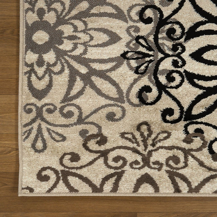 10' Beige Black and Gray Floral Medallion Power Loom Runner Rug - herplace.store