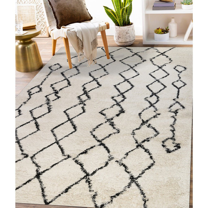 10' Black and Ivory Geometric Shag Runner Rug - herplace.store