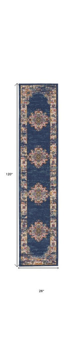 10' Blue and Ivory Oriental Power Loom Distressed Runner Rug - herplace.store