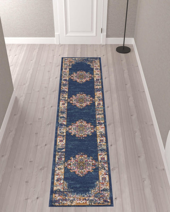 10' Blue and Ivory Oriental Power Loom Distressed Runner Rug - herplace.store