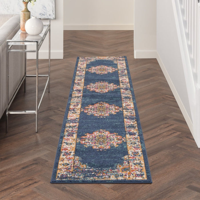 10' Blue and Ivory Oriental Power Loom Distressed Runner Rug - herplace.store