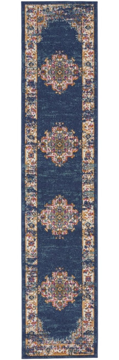 10' Blue and Ivory Oriental Power Loom Distressed Runner Rug - herplace.store