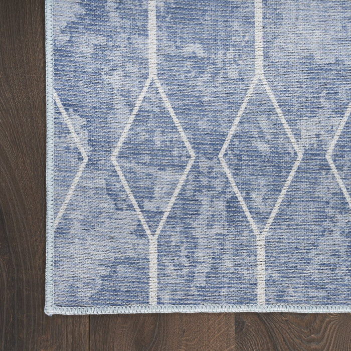 10' Blue and Off White Geometric Power Loom Washable Runner Rug - herplace.store