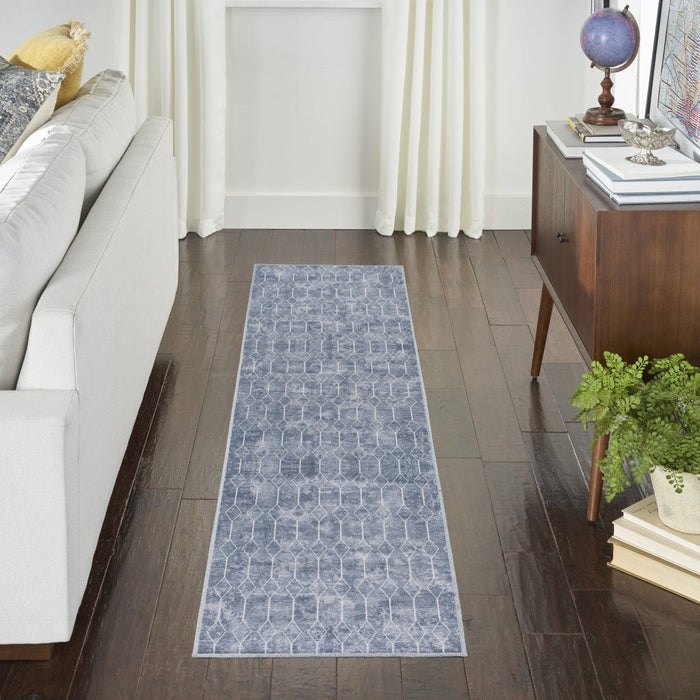 10' Blue and Off White Geometric Power Loom Washable Runner Rug - herplace.store