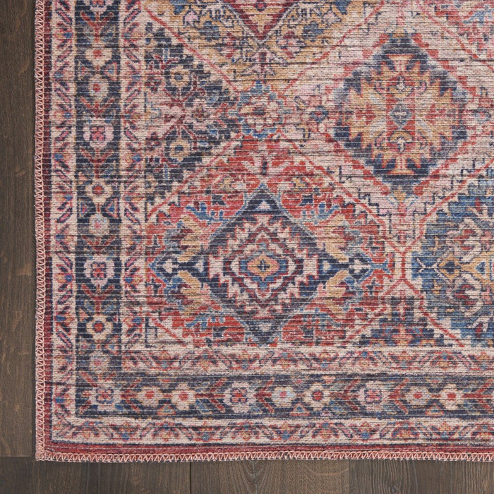 10' Blue and Red Floral Power Loom Distressed Washable Runner Rug - herplace.store