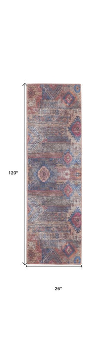 10' Blue and Red Geometric Power Loom Distressed Washable Runner Rug - herplace.store