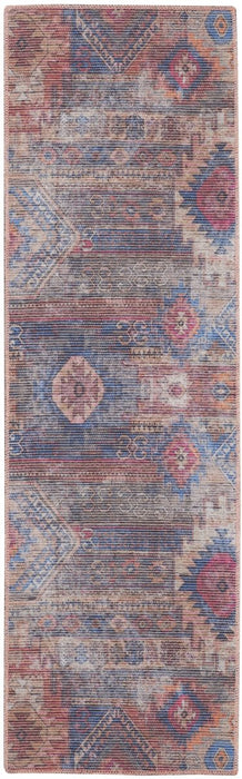 10' Blue and Red Geometric Power Loom Distressed Washable Runner Rug - herplace.store