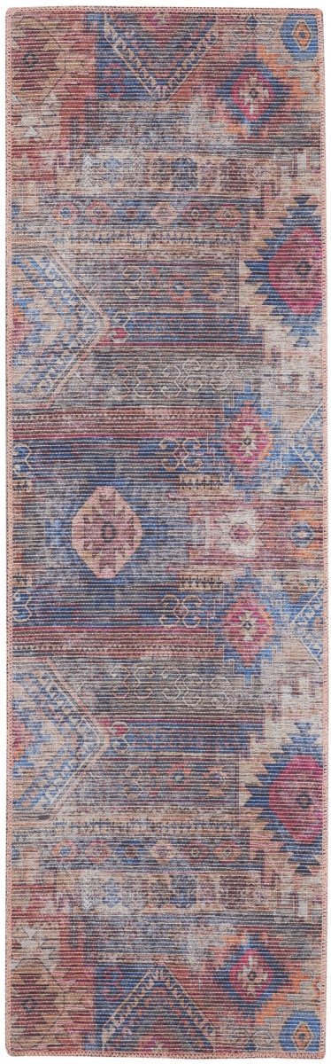 10' Blue and Red Geometric Power Loom Distressed Washable Runner Rug - herplace.store