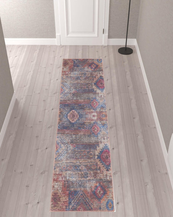 10' Blue and Red Geometric Power Loom Distressed Washable Runner Rug - herplace.store