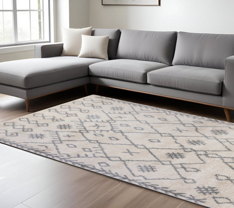 10' Gray and Ivory Geometric Shag Runner Rug - herplace.store