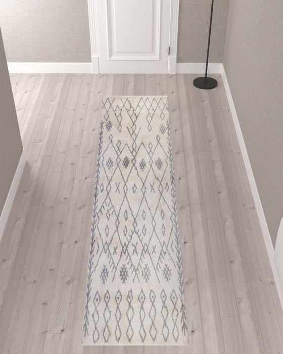 10' Gray and Ivory Geometric Shag Runner Rug - herplace.store