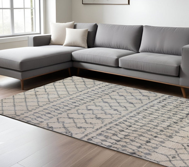 10' Gray and Ivory Geometric Shag Runner Rug - herplace.store