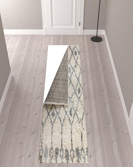 10' Gray and Ivory Geometric Shag Runner Rug - herplace.store