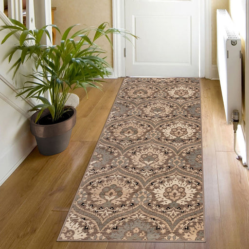 10' Ivory Beige And Light Blue Floral Stain Resistant Runner Rug - herplace.store