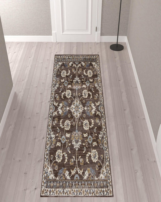 10' Ivory Blue and Brown Floral Power Loom Runner Rug - herplace.store