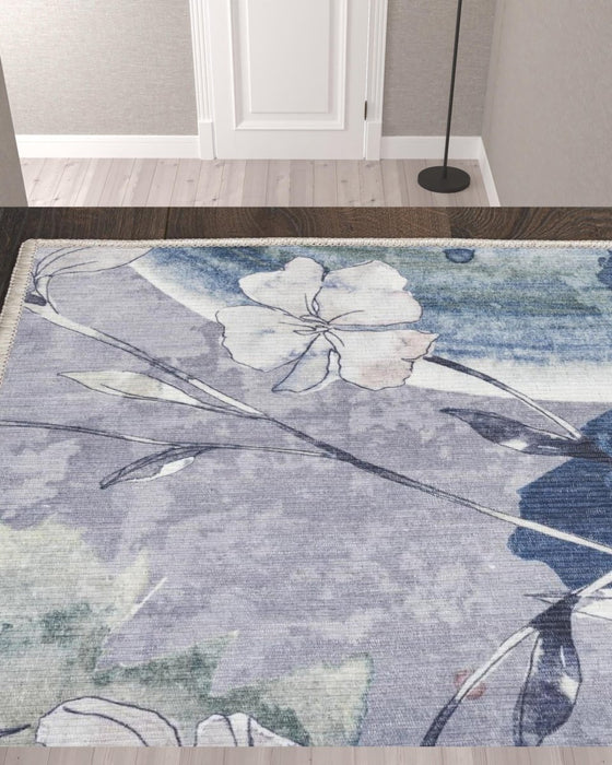 10' Ivory Blue and Gray Floral Power Loom Washable Non Skid Runner Rug - herplace.store