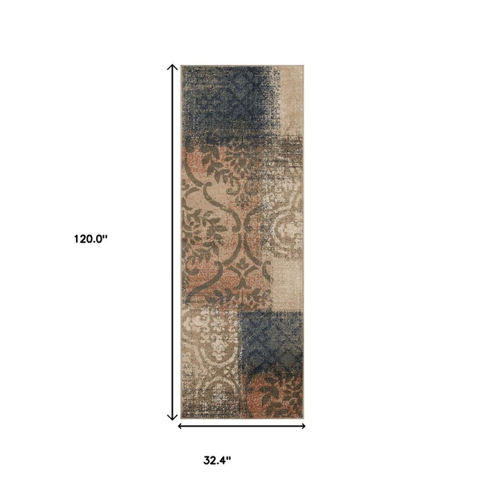 10' Navy And Salmon Damask Distressed Stain Resistant Runner Rug - herplace.store