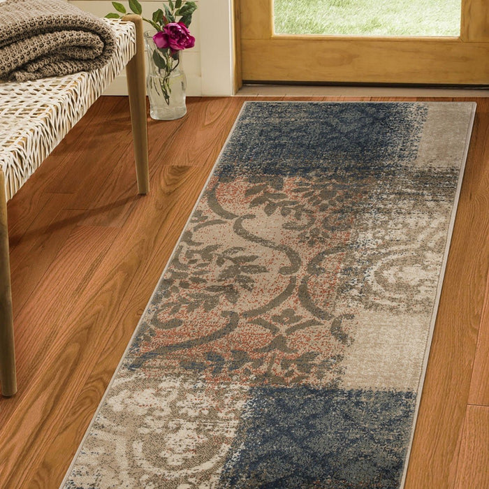 10' Navy And Salmon Damask Distressed Stain Resistant Runner Rug - herplace.store