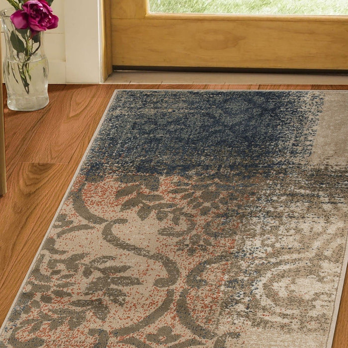 10' Navy And Salmon Damask Distressed Stain Resistant Runner Rug - herplace.store