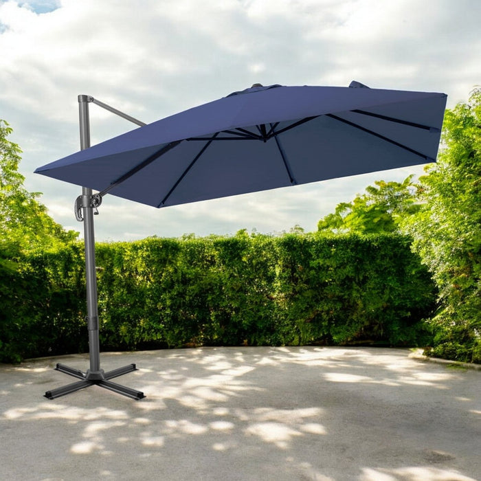 10' Navy Blue Polyester Square Tilt Cantilever Patio Umbrella With Stand - herplace.store