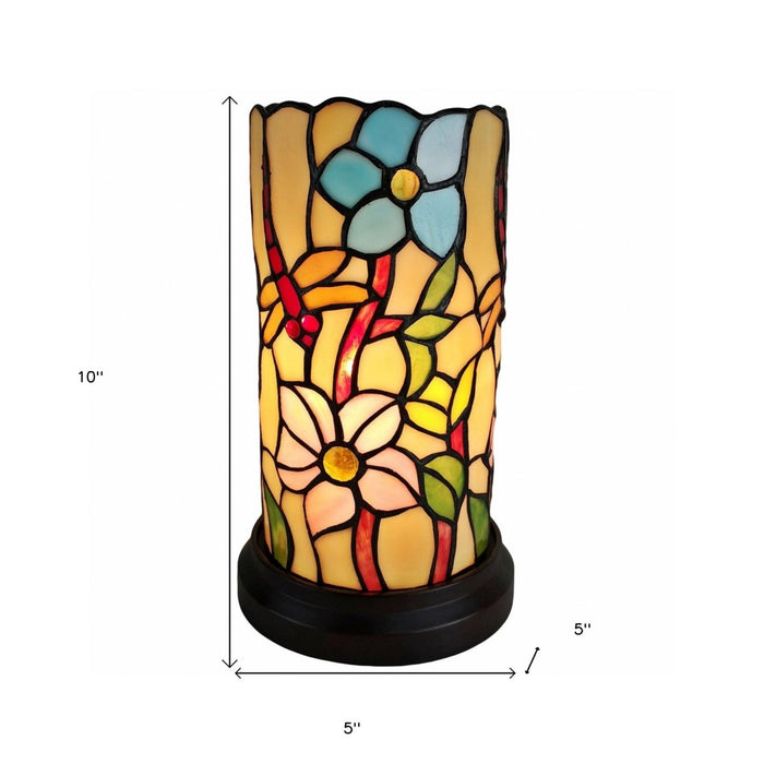 10" Red and Beige Dragonfly Stained Glass Accent Lamp - herplace.store