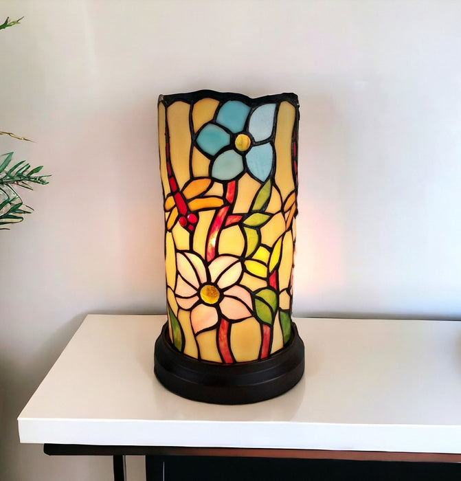 10" Red and Beige Dragonfly Stained Glass Accent Lamp - herplace.store