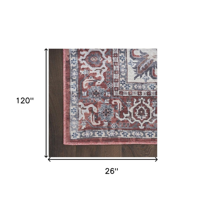 10' Red and Ivory Floral Power Loom Distressed Washable Runner Rug - herplace.store