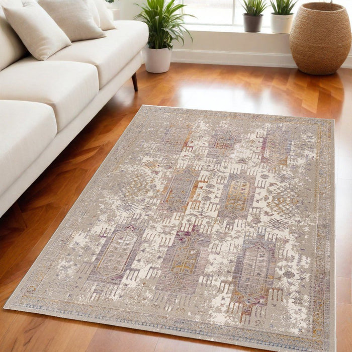 10' Runner Beige and Ivory Medallion Power Loom Runner Rug - herplace.store