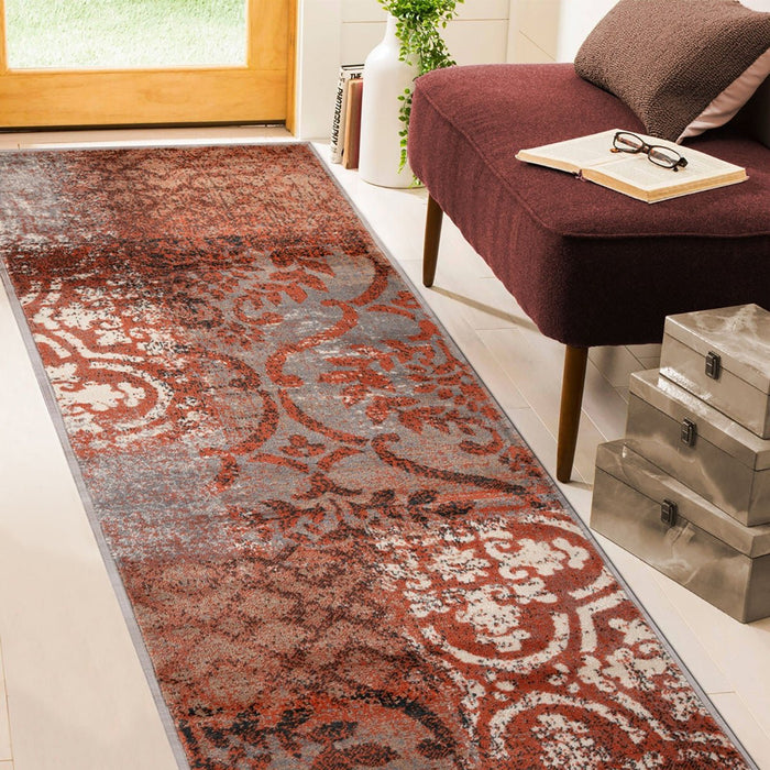 10' Rust And Gray Damask Distressed Stain Resistant Runner Rug - herplace.store