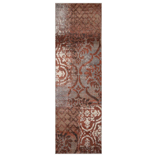 10' Rust And Gray Damask Distressed Stain Resistant Runner Rug - herplace.store