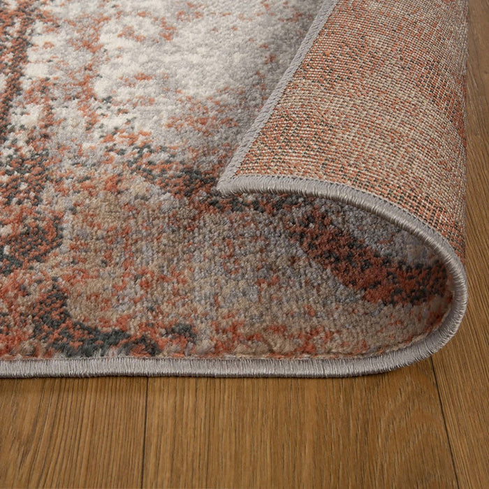 10' Rust And Gray Damask Distressed Stain Resistant Runner Rug - herplace.store