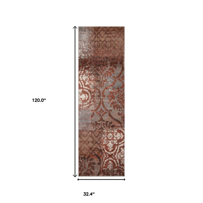 10' Rust And Gray Damask Distressed Stain Resistant Runner Rug - herplace.store