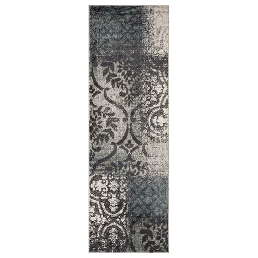 10' Teal And Gray Damask Distressed Stain Resistant Runner Rug - herplace.store