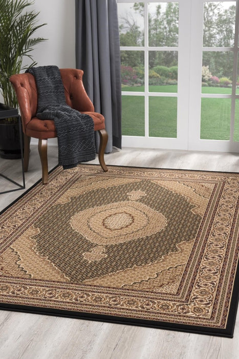 10' X 13' Beige and Black Oriental Washable Non Skid Area Rug - herplace.store