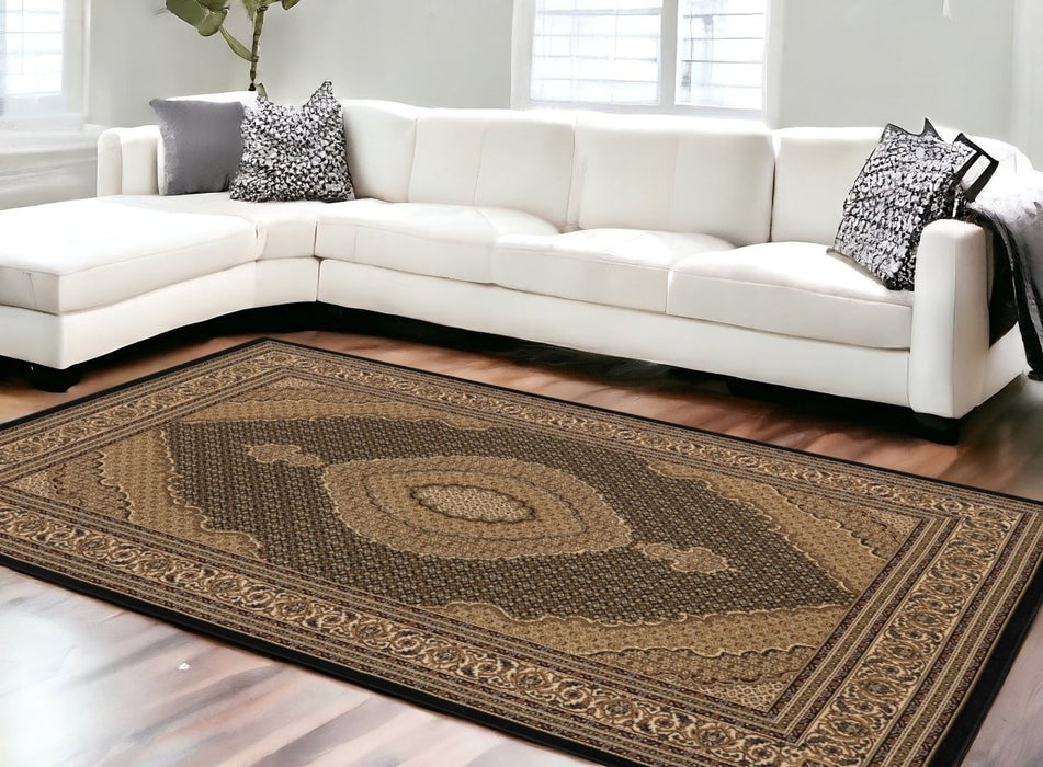 10' X 13' Beige and Black Oriental Washable Non Skid Area Rug - herplace.store