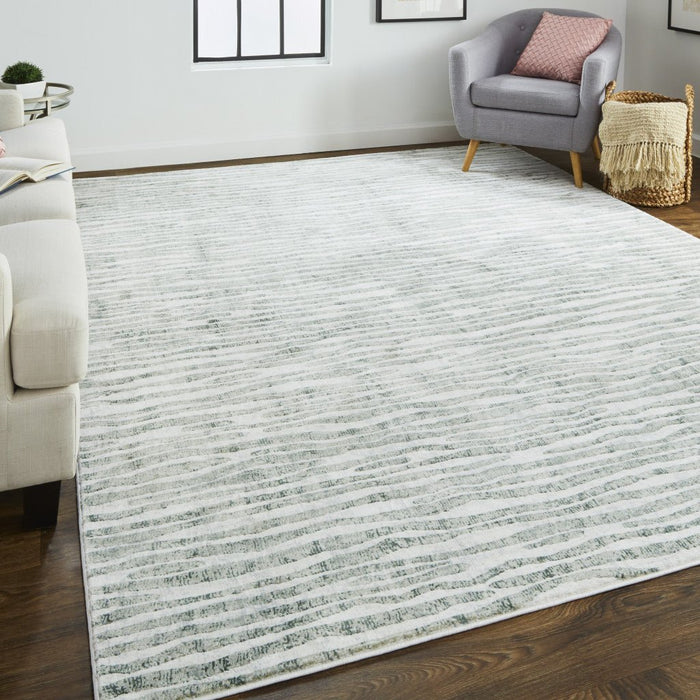 10' X 13' Gray Green And Ivory Striped Distressed Stain Resistant Area Rug - herplace.store