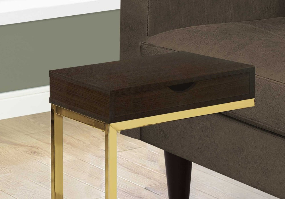 10.25" X 15.75" X 24.5" Cappuccino Finish And Gold Laminated Drawer Accent Table - herplace.store