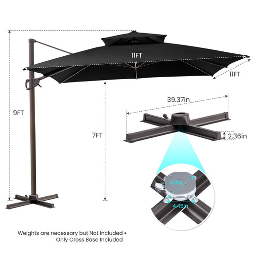 11' Black Polyester Round Tilt Cantilever Patio Umbrella With Stand - herplace.store