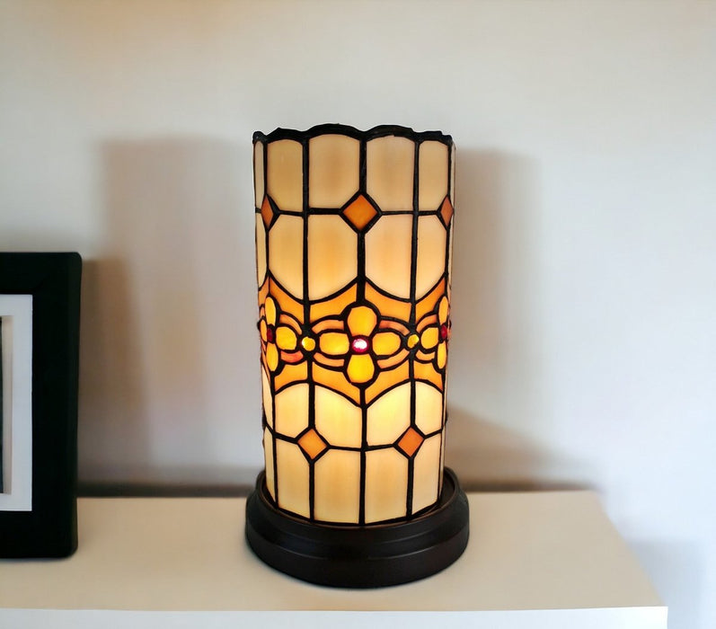 11" Brown and Beige Mosaic Tile Stained Glass Accent Lamp - herplace.store