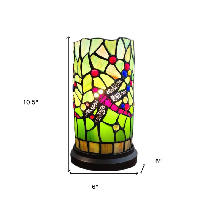 11" Green and Pink Dragonfly Stained Glass Accent Lamp - herplace.store