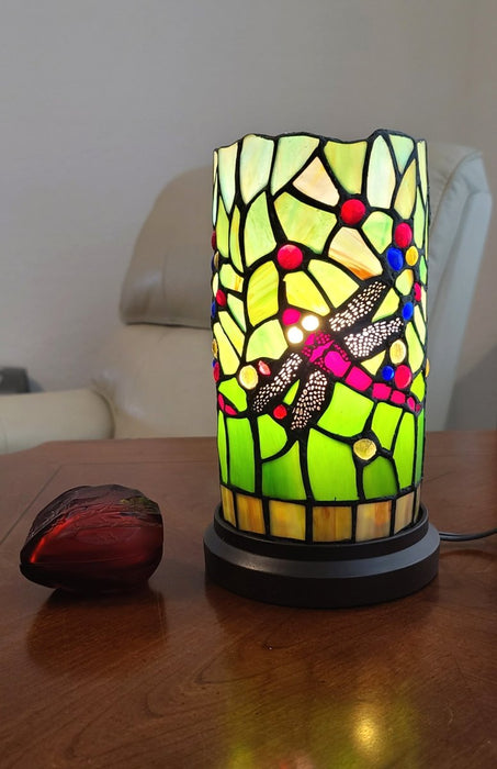 11" Green and Pink Dragonfly Stained Glass Accent Lamp - herplace.store