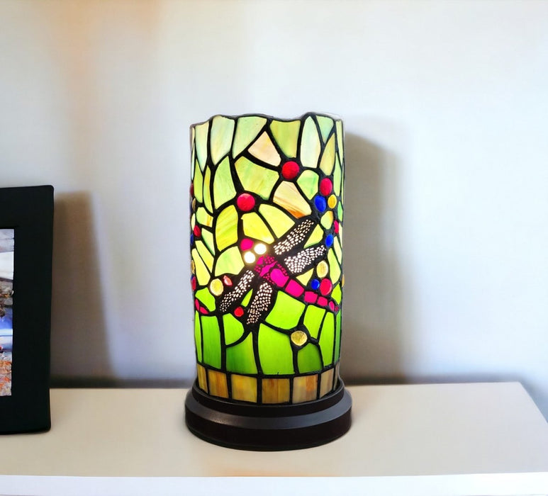 11" Green and Pink Dragonfly Stained Glass Accent Lamp - herplace.store