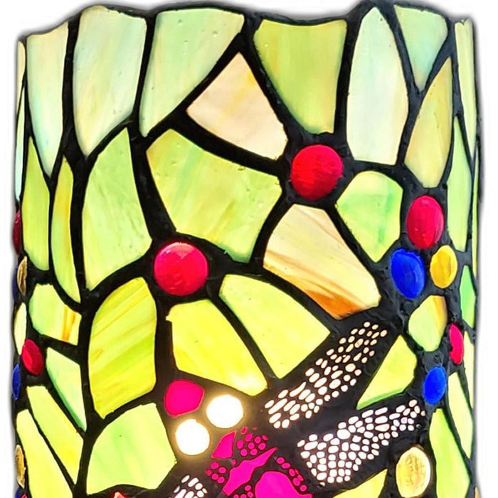 11" Green and Pink Dragonfly Stained Glass Accent Lamp - herplace.store