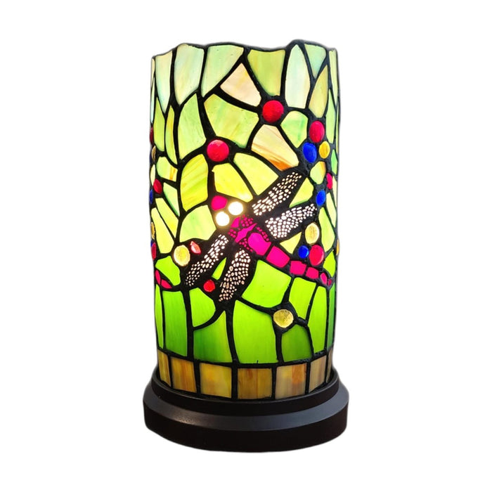 11" Green and Pink Dragonfly Stained Glass Accent Lamp - herplace.store