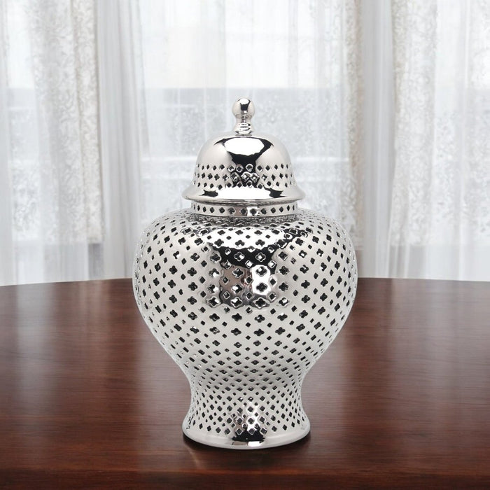 11" Silver Pierced Ceramic Round Ginger Jar - herplace.store