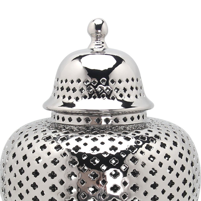 11" Silver Pierced Ceramic Round Ginger Jar - herplace.store