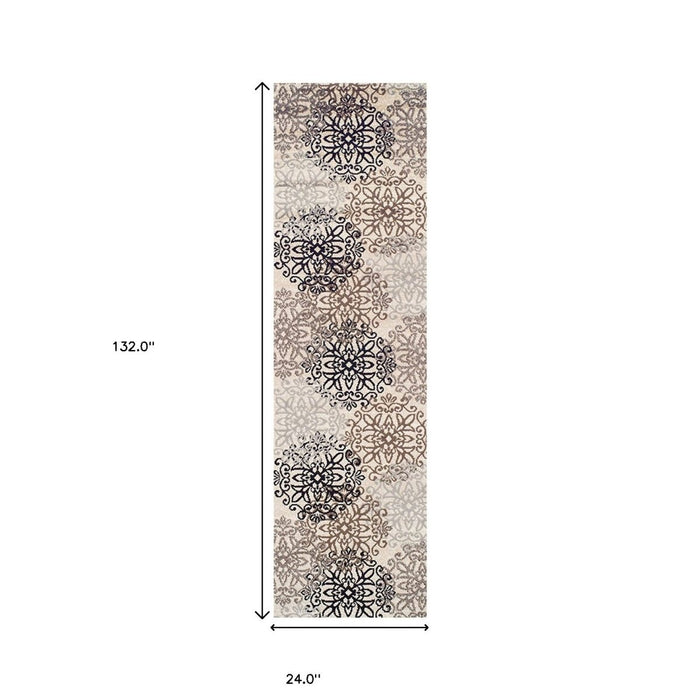 11' Tan Gray And Black Floral Medallion Stain Resistant Runner Rug - herplace.store