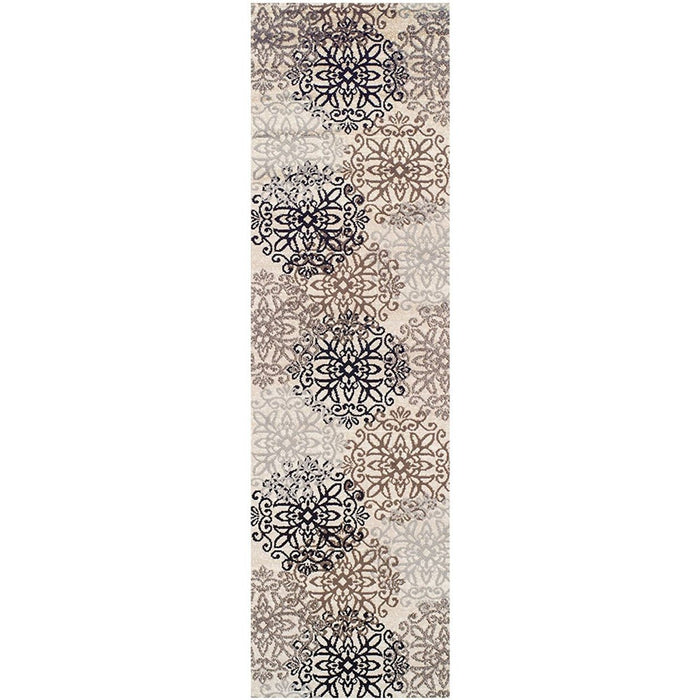 11' Tan Gray And Black Floral Medallion Stain Resistant Runner Rug - herplace.store